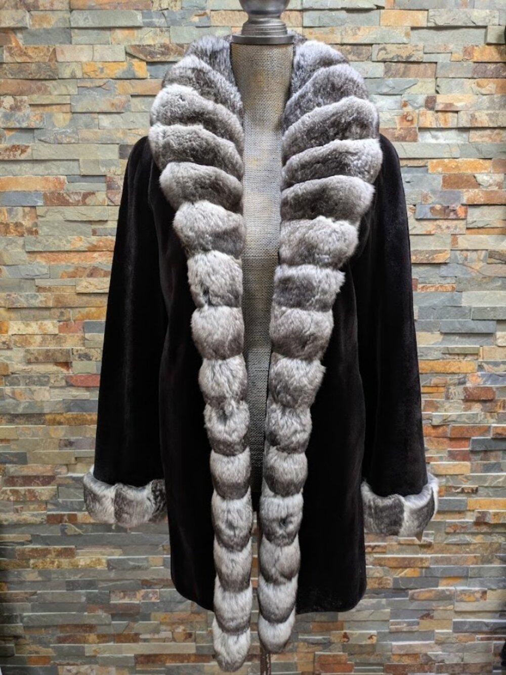 Reversible Luxury Black Real Sheared Mink Long Coat w Genuine Chinchilla Collar